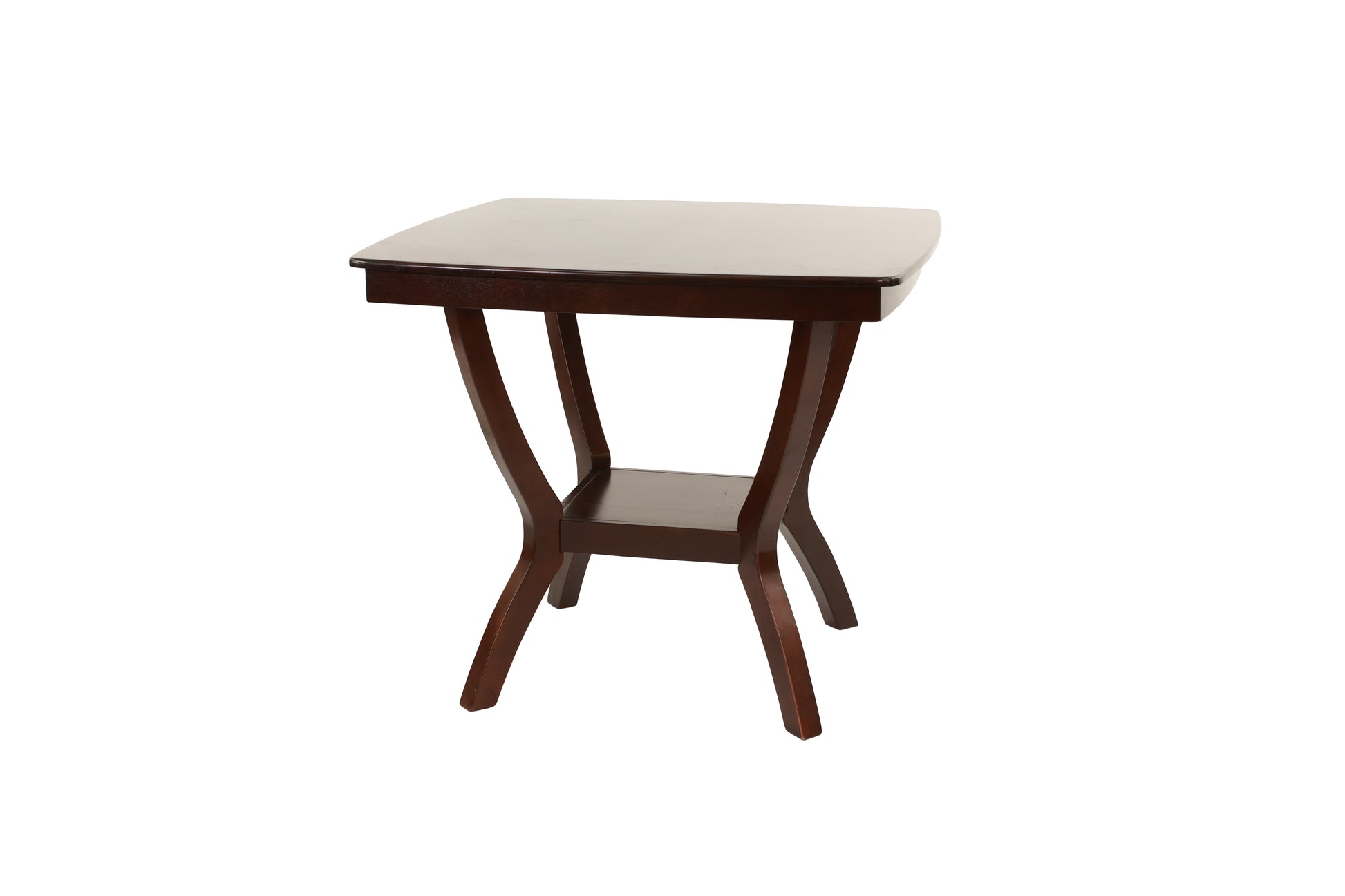 Dark wood accent table with a curved leg design and lower shelf