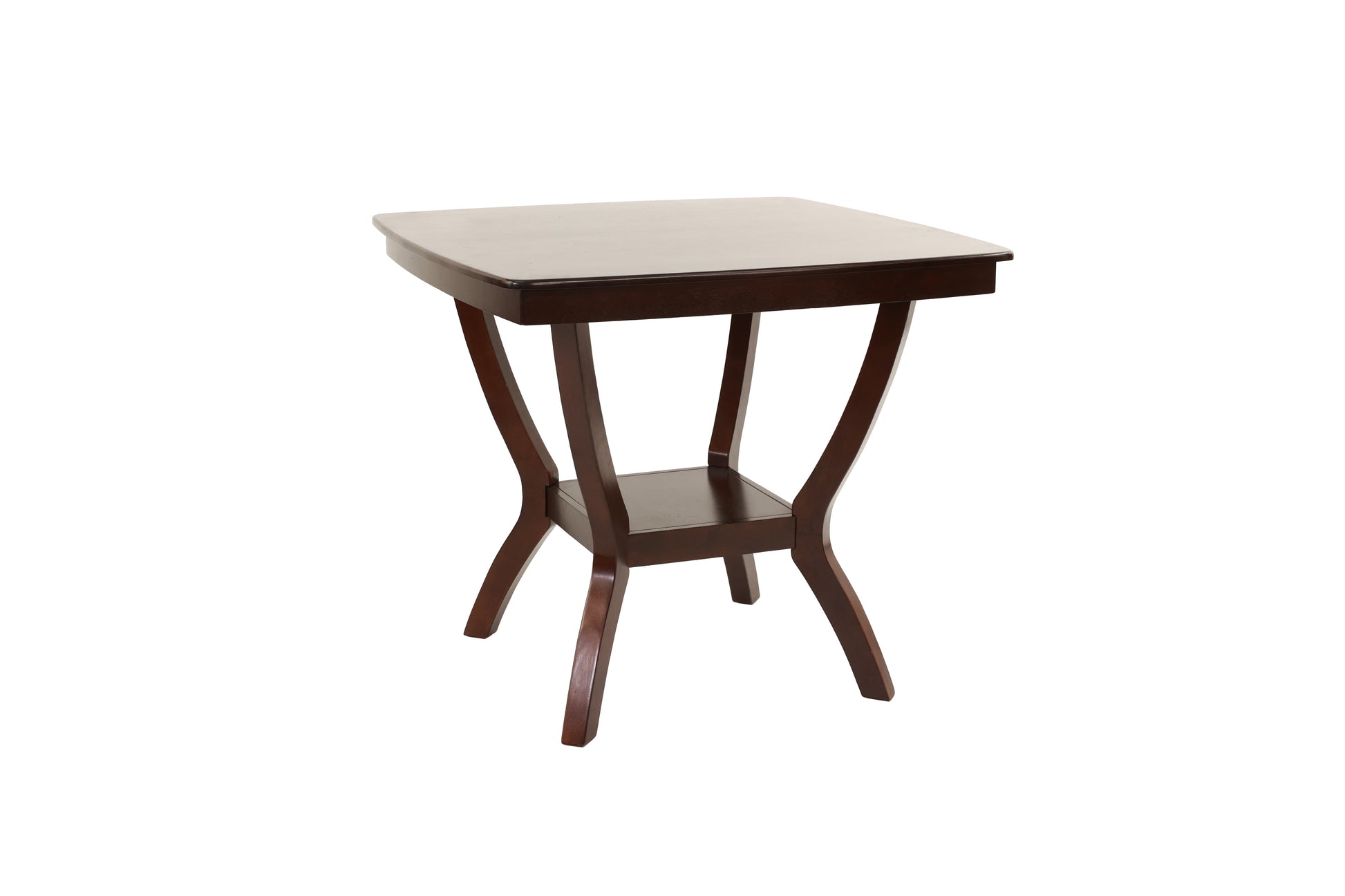 Dark brown wooden end table with curved legs and a lower shelf