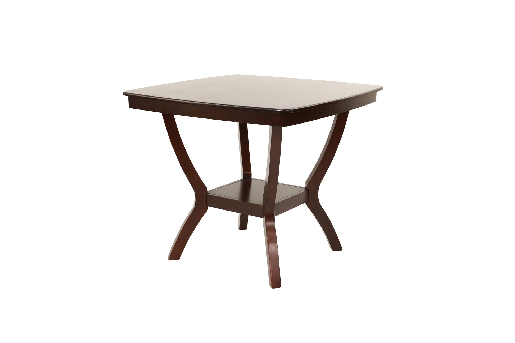 Dark wood square end table with curved legs and lower shelf