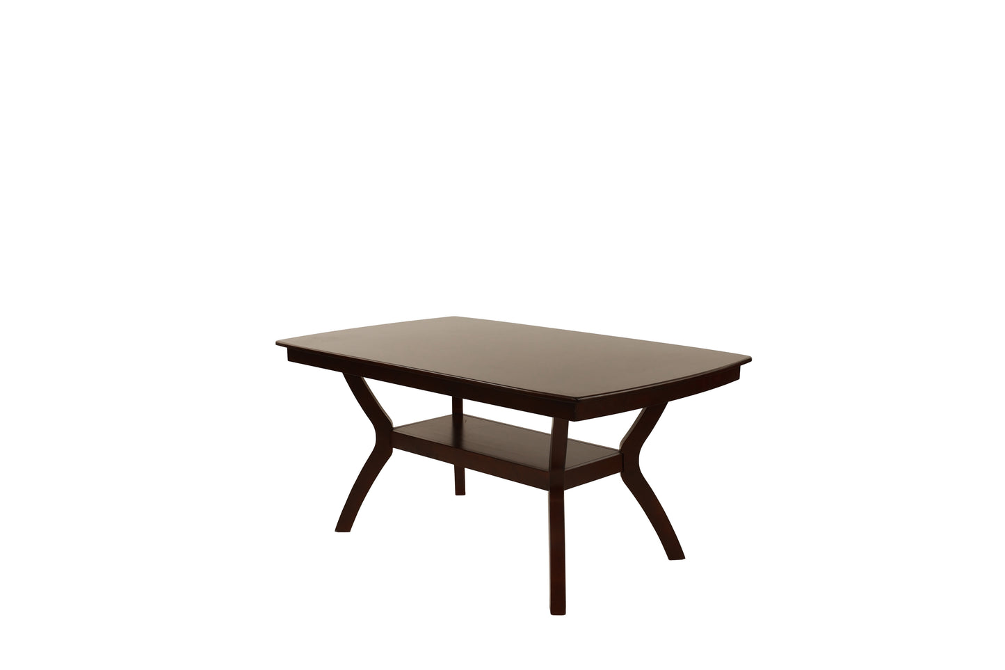 Dark brown wooden coffee table with curved legs and a lower shelf perfect for living room decor