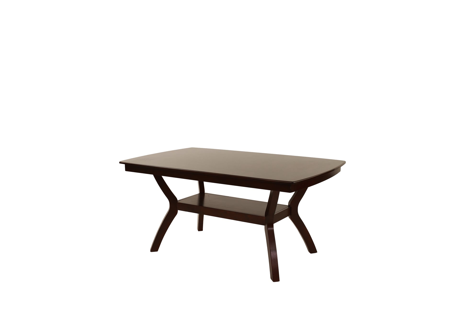 Dark brown rectangular wooden end table with a lower shelf and curved legs