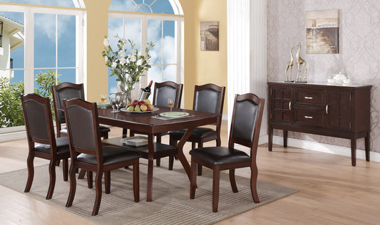 Dark cherry wood dining table with upholstered chairs