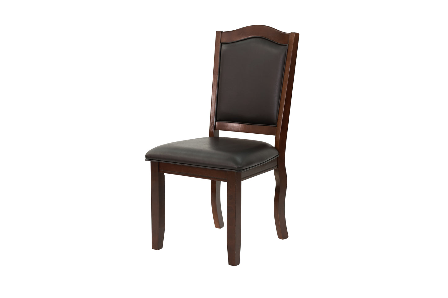 Dark brown leather dining chair with carved wood frame