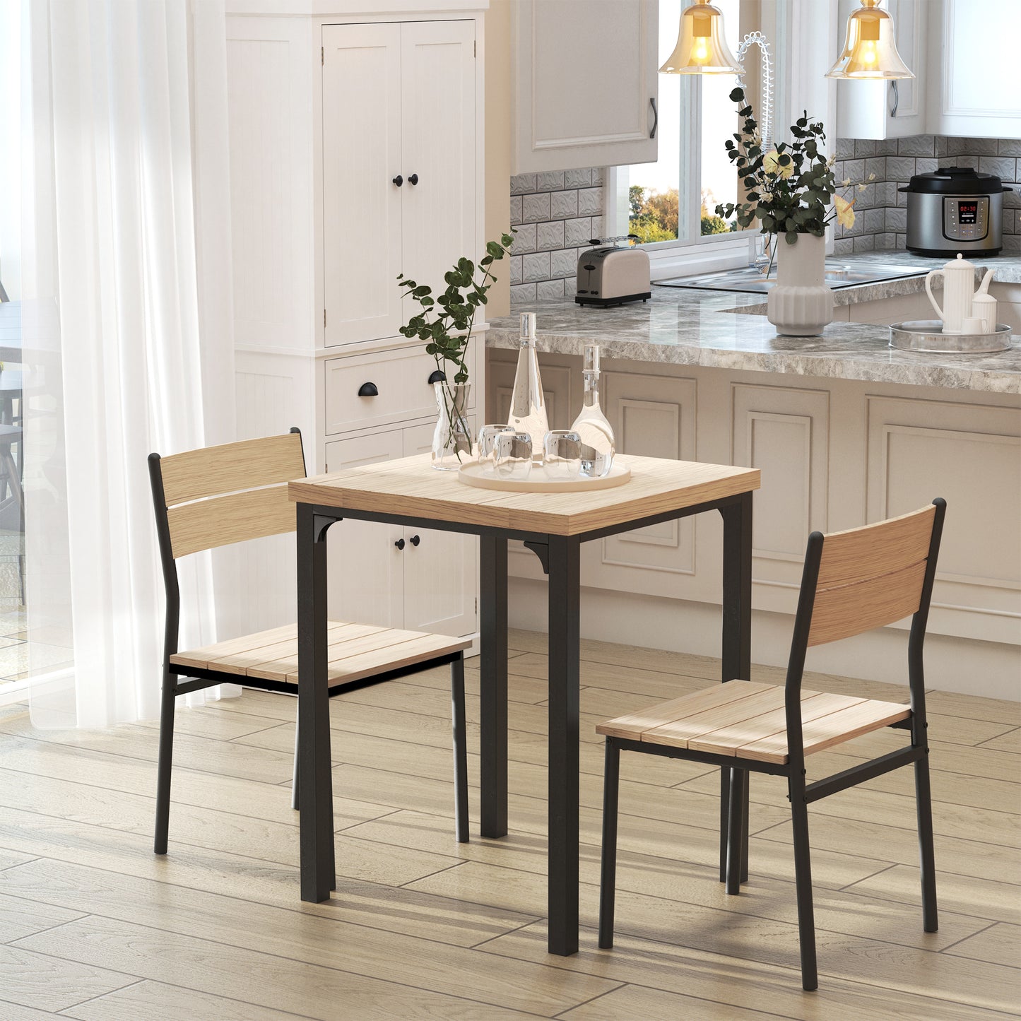 Wooden top dining table with black metal frame and two matching chairs