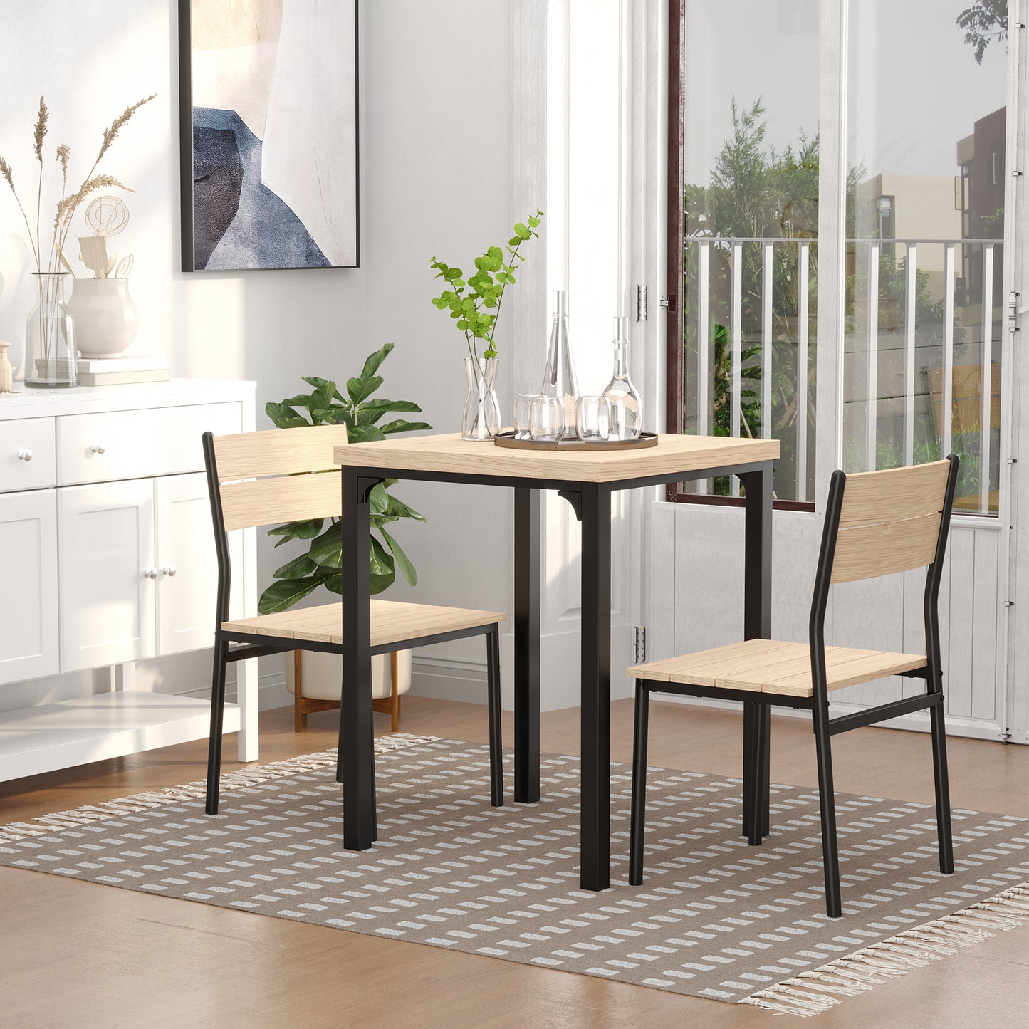Light oak wood and black metal dining table set with two chairs