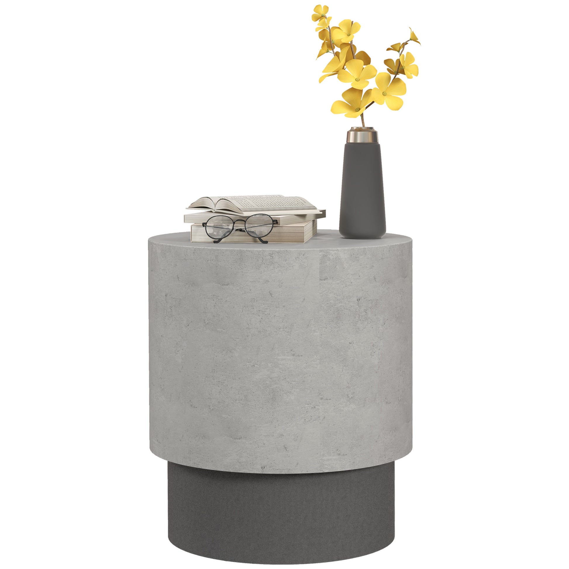 Modern gray concrete cylindrical accent table with yellow flowers and books