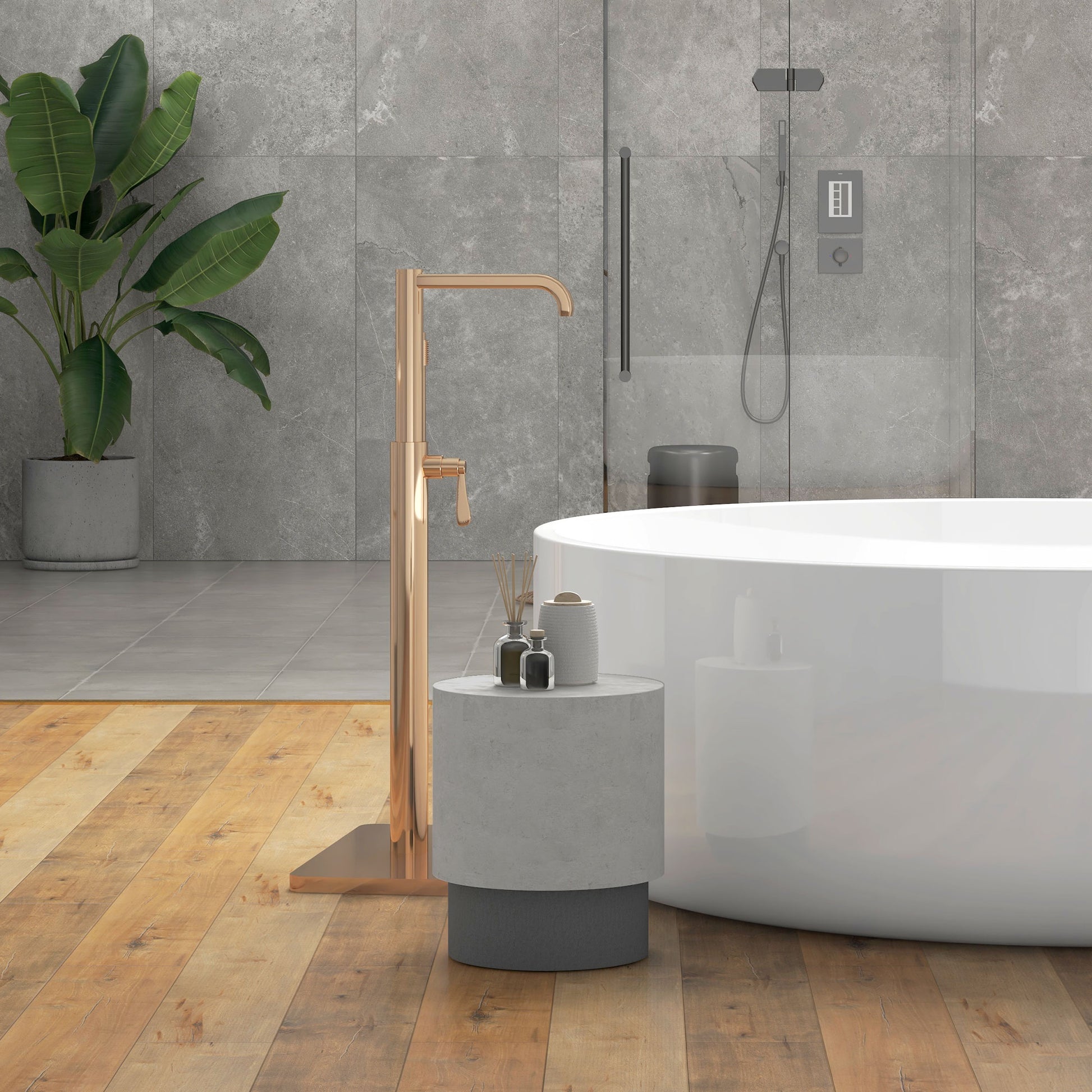 Modern freestanding rose gold bathtub faucet with minimalist design