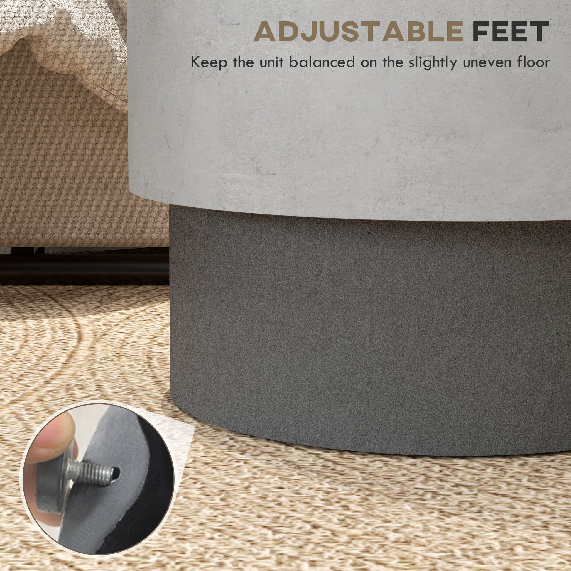Closeup of adjustable feet on a grey cylinder