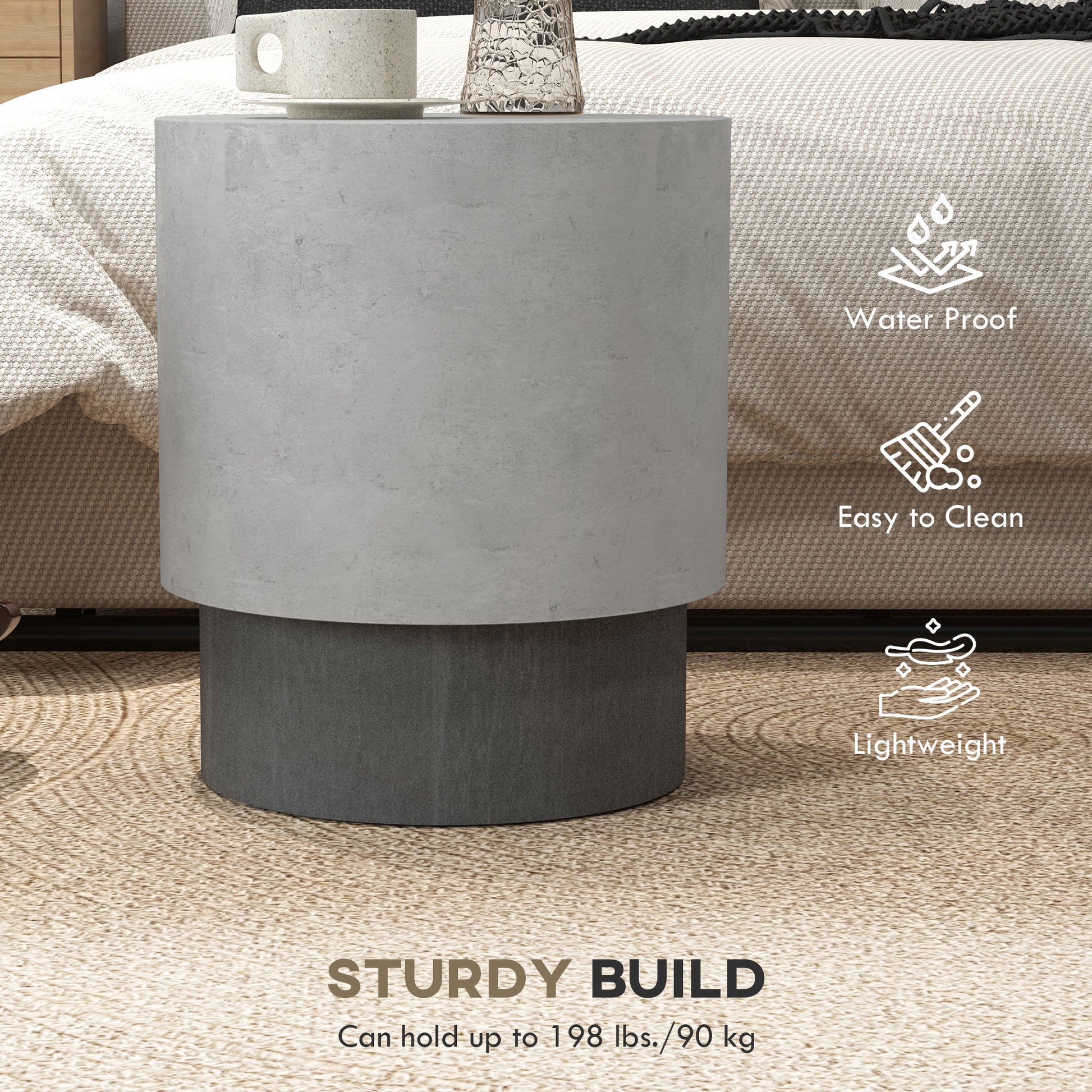 Modern grey concrete side table with waterproof surface