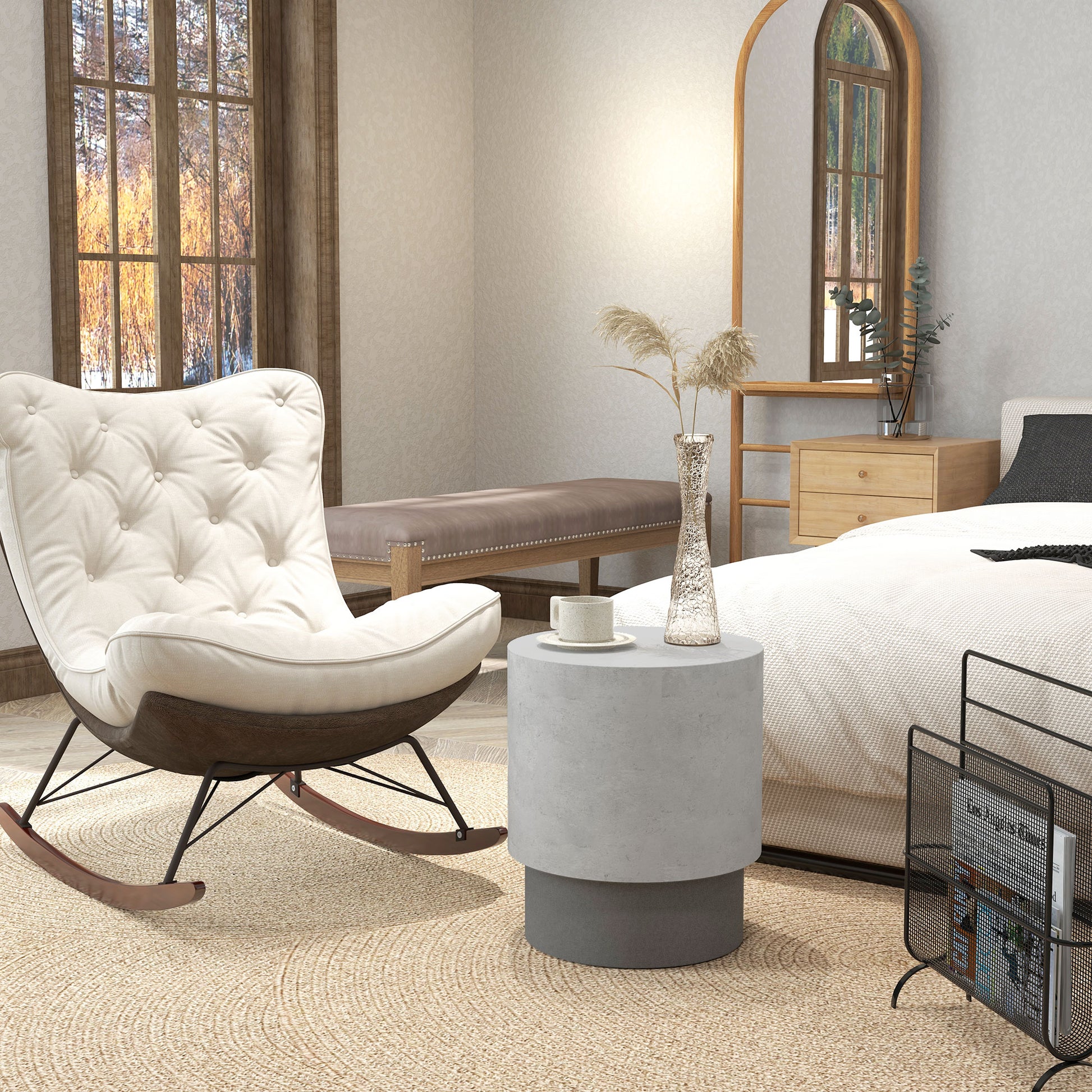 Cream tufted upholstered rocking chair with dark wood accents