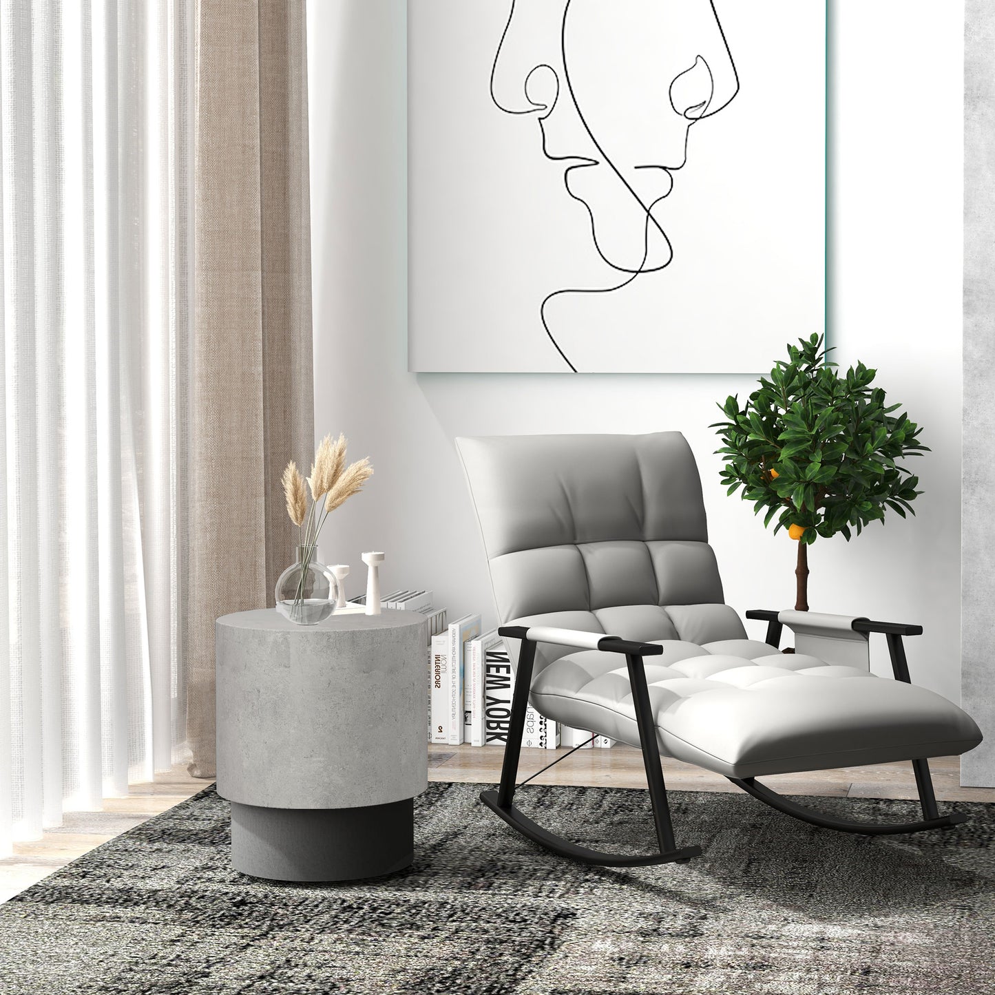 Gray tufted chaise lounge chair with black metal rocking base