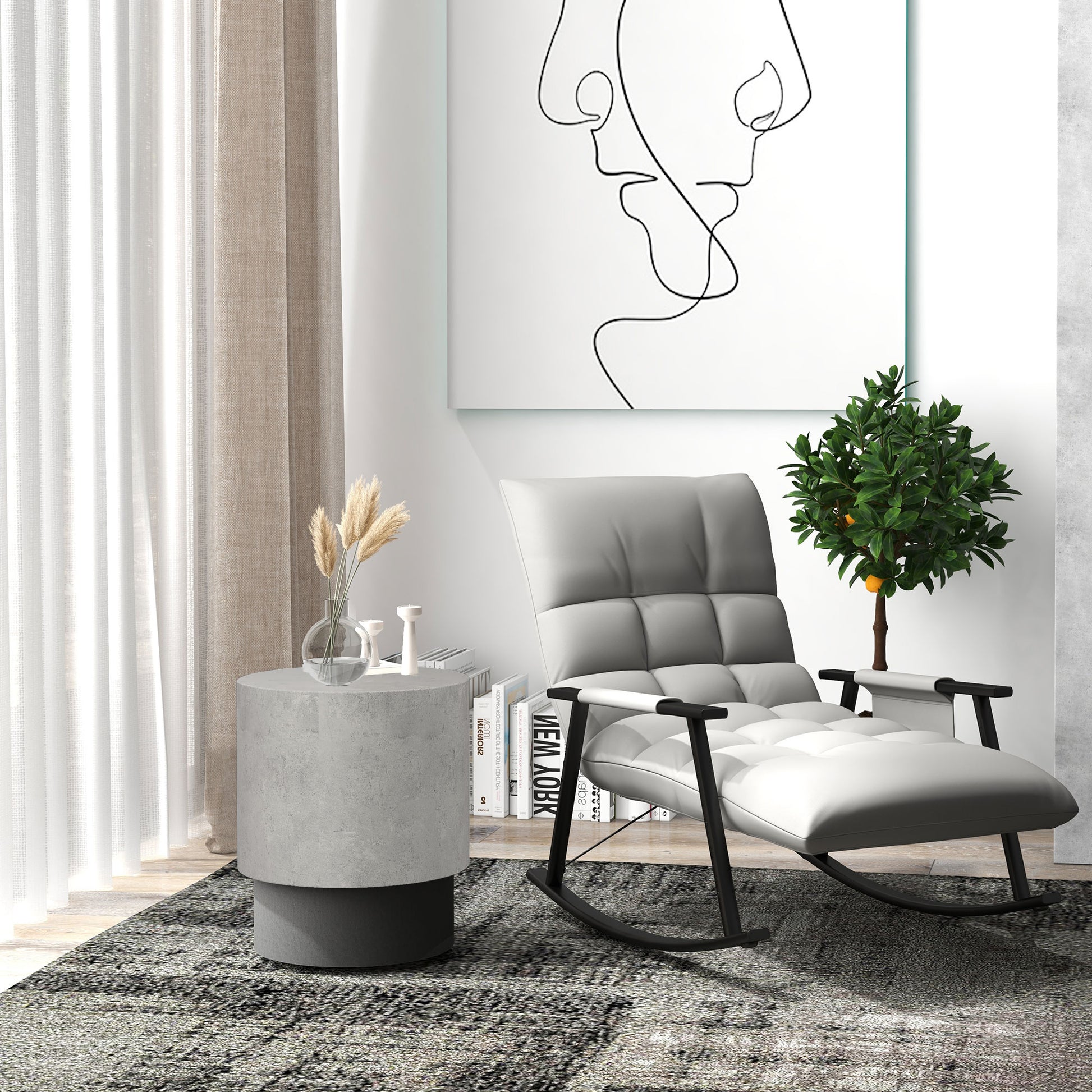 Gray tufted chaise lounge chair with black metal rocking base