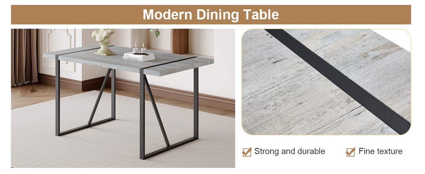 Grey woodgrain modern dining table with black metal legs and accent stripe
