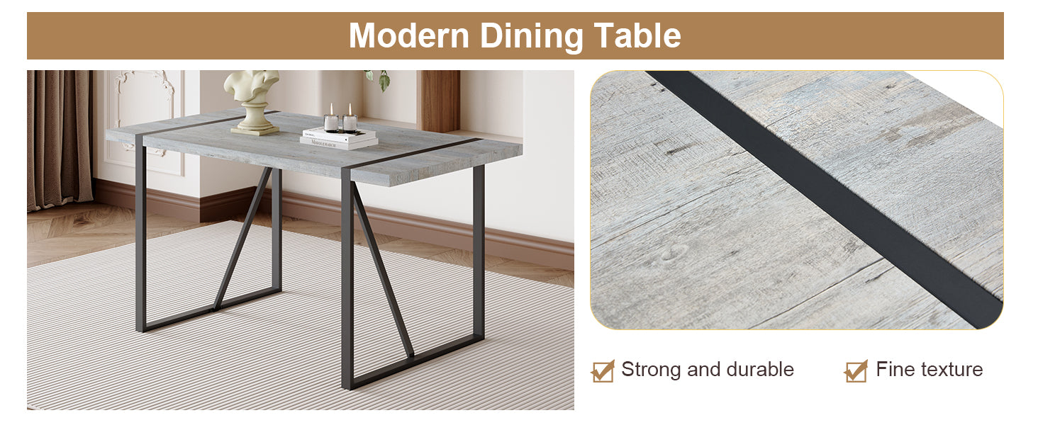 Grey woodgrain modern dining table with black metal legs and accent stripe