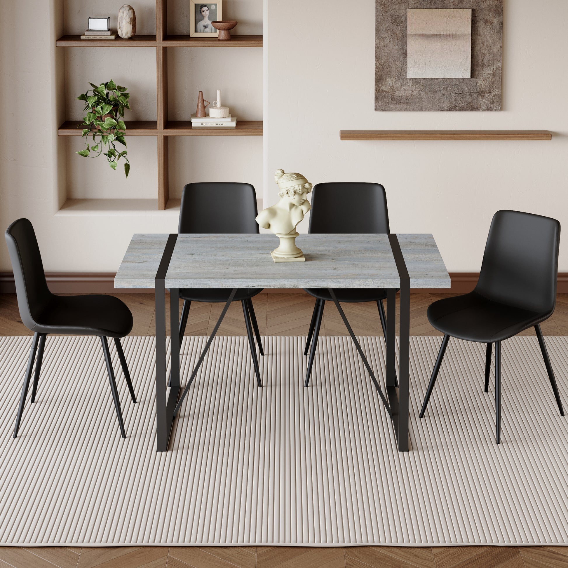 Modern dining table with a grey wood finish and black metal legs