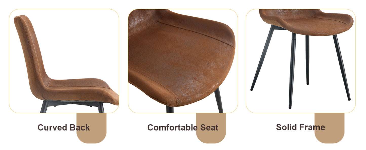 Brown distressed leather dining chair with curved back and black metal legs