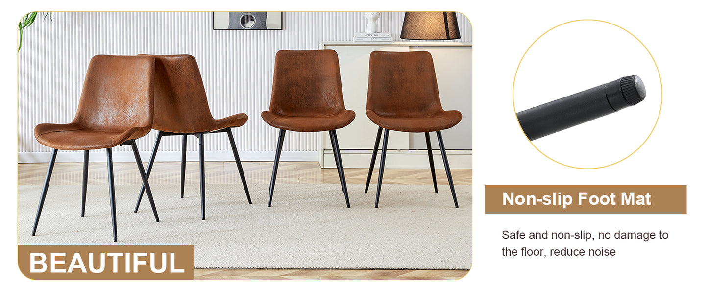 Set of four brown faux leather dining chairs with black metal legs