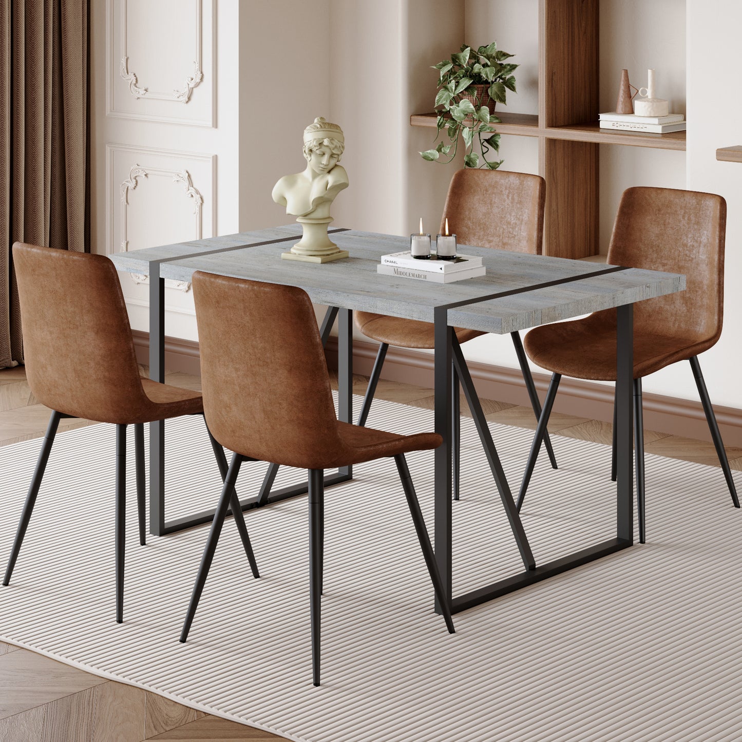 Rustic gray wood dining table with black metal legs