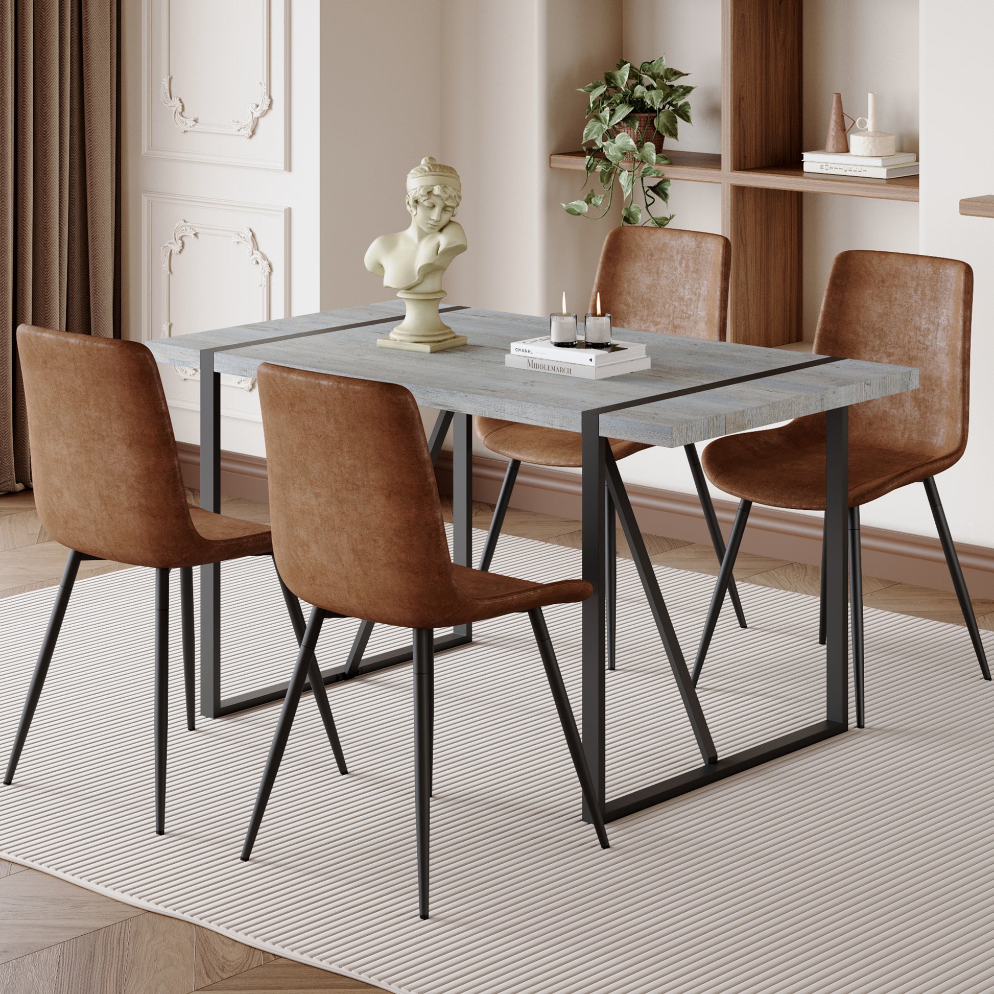 Rustic gray wood dining table with black metal legs