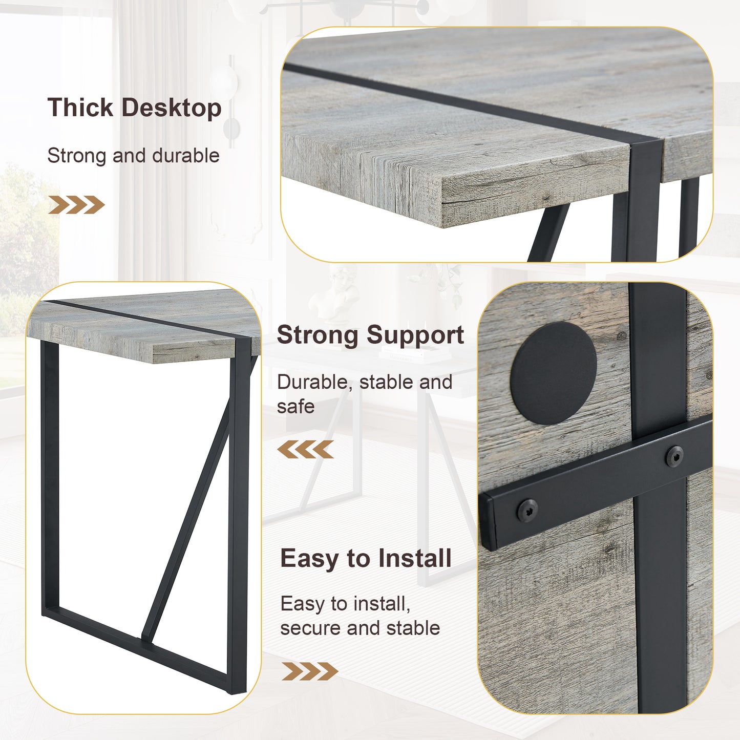 Rustic wood grain desk with sturdy black metal frame
