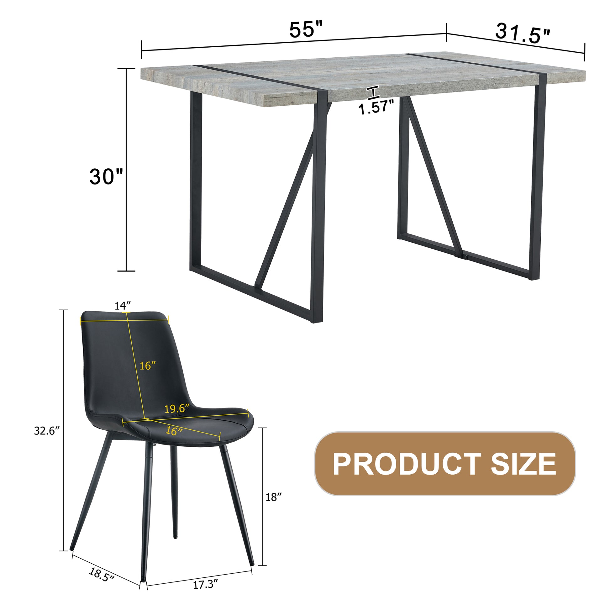 Gray wood grain dining table with black metal legs dimensions xx inches