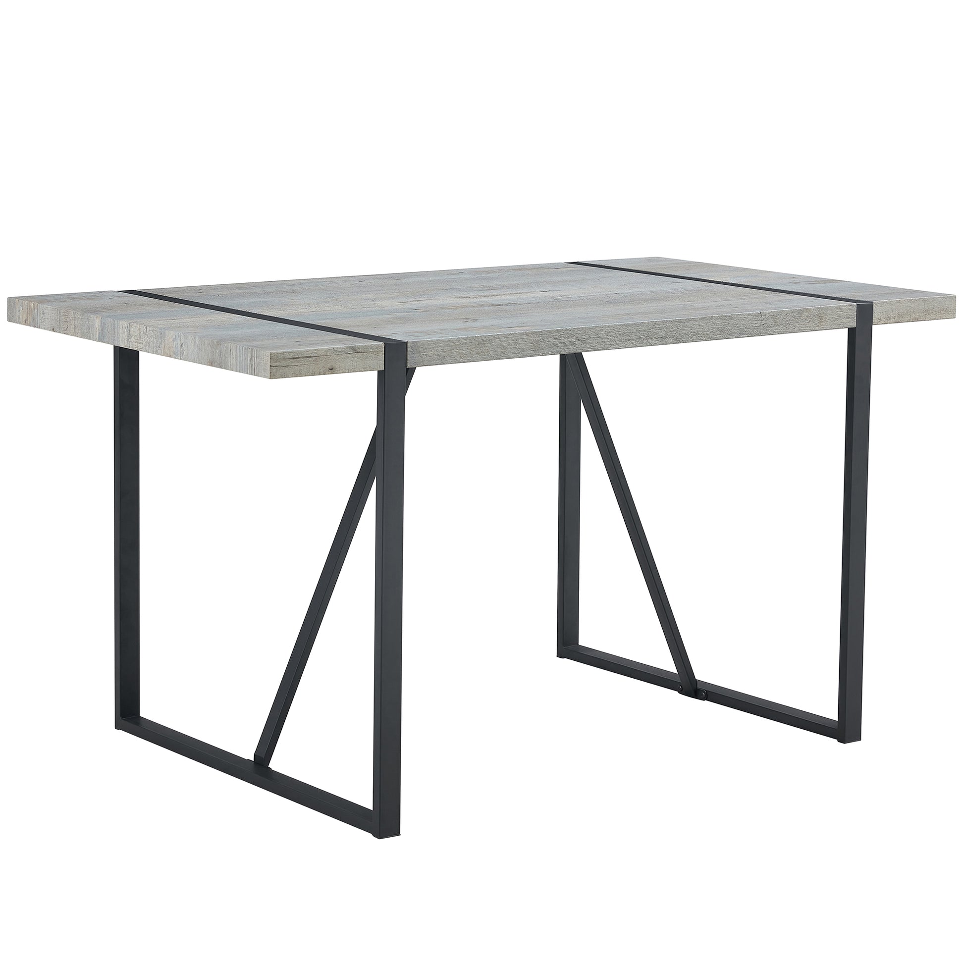 Rustic grey wood dining table with black metal legs and industrial design