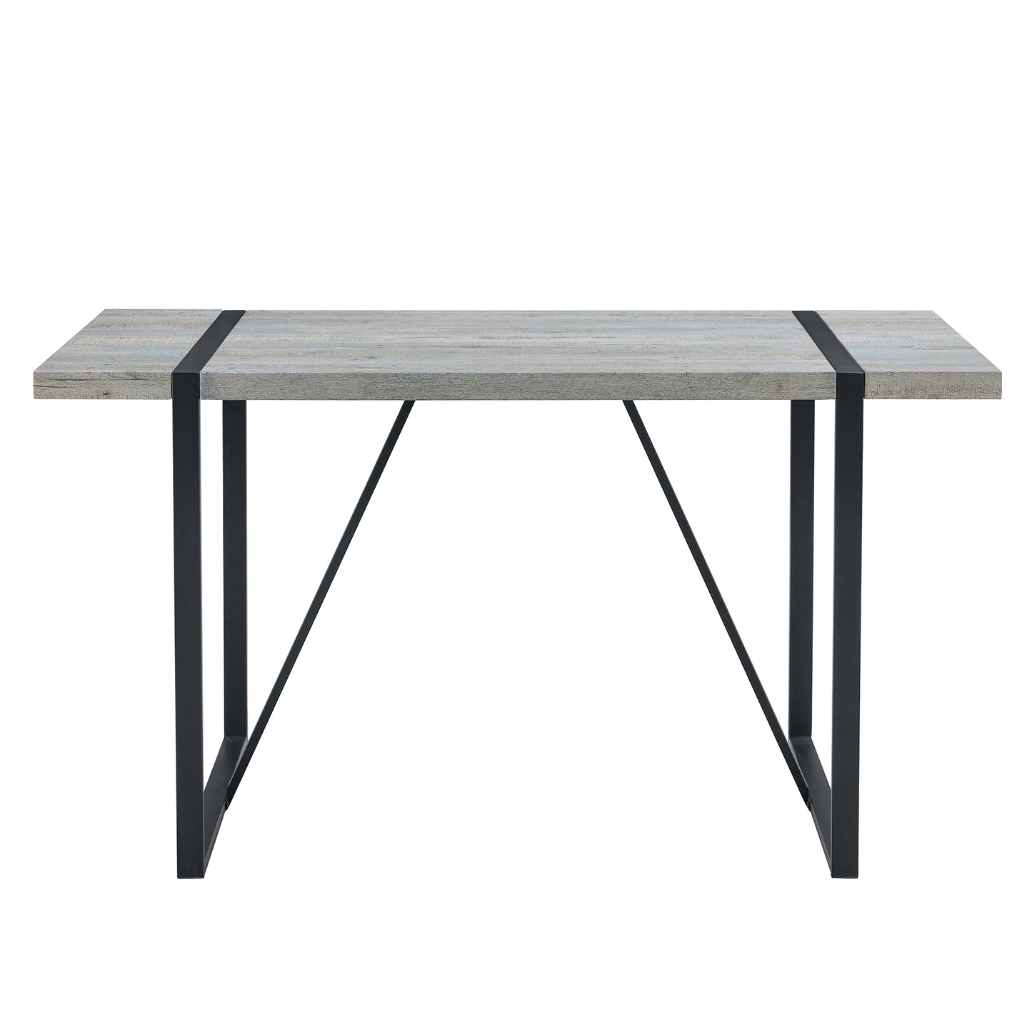 Rustic gray wood dining table with black metal legs and crossbar