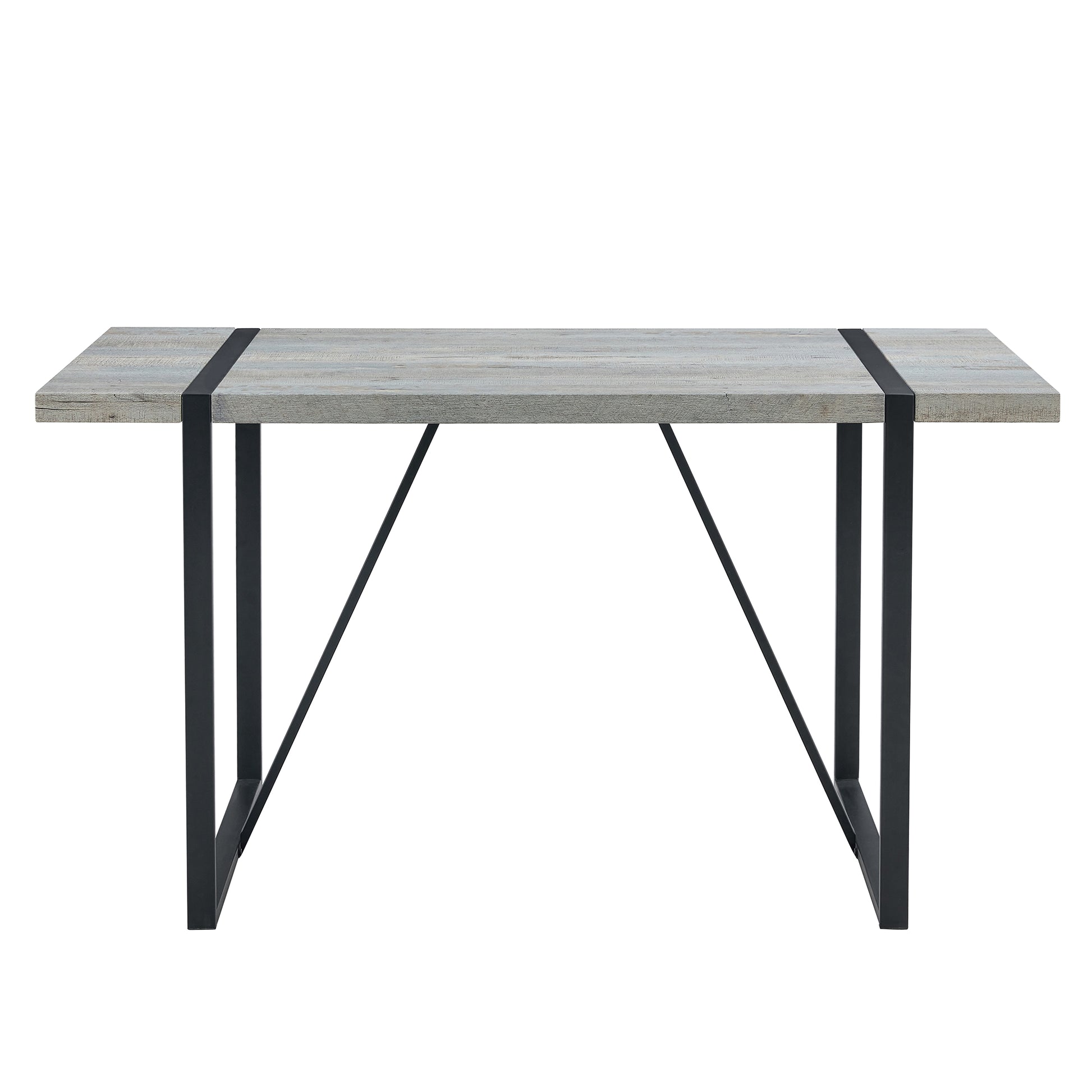 Rustic gray wood dining table with black metal legs and crossbar