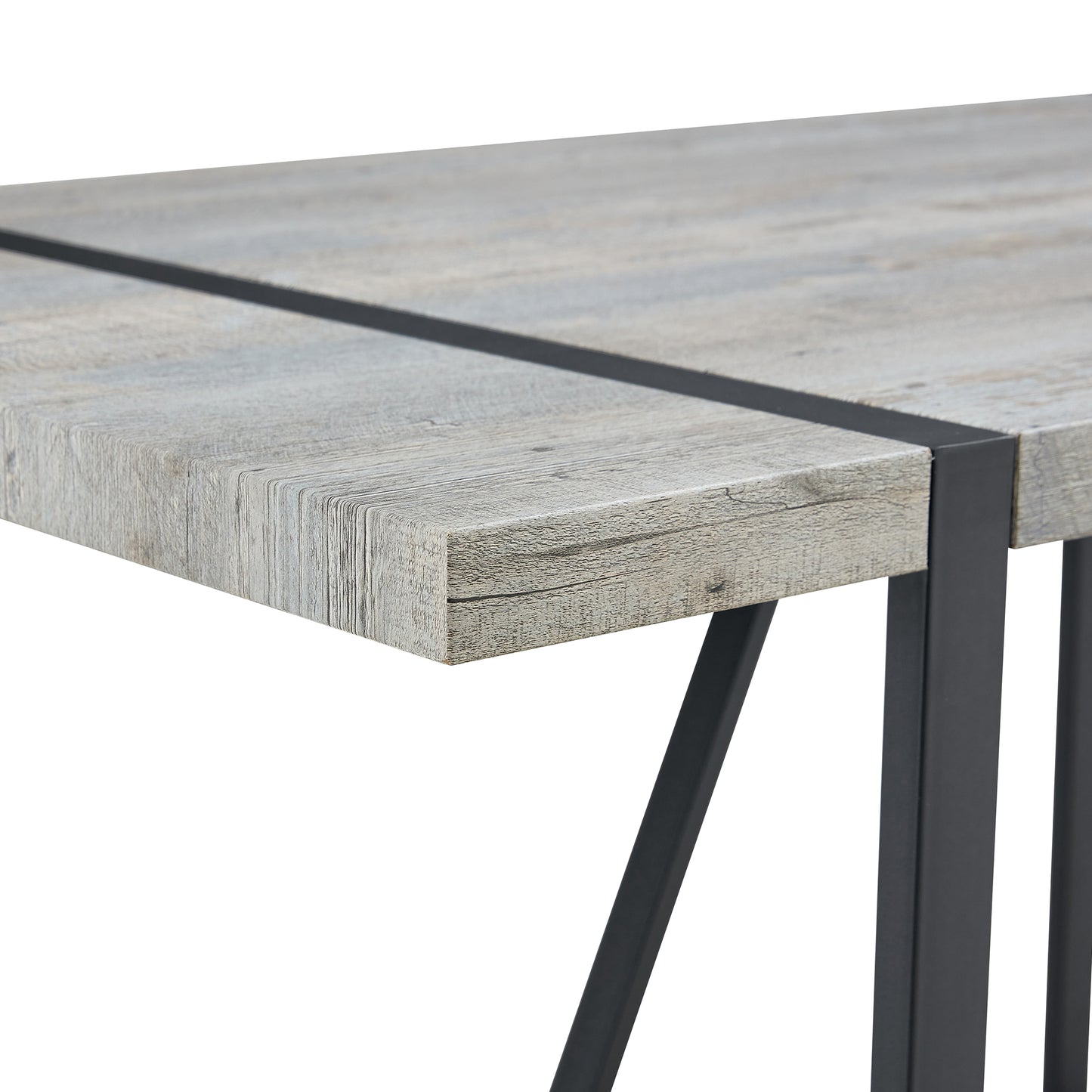 Closeup of rustic grey wood grain tabletop with black metal accents