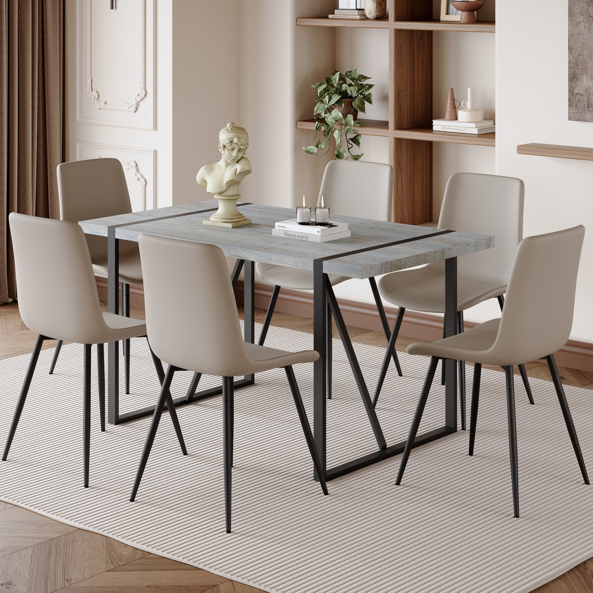 Modern dining set with grey wood tabletop and beige faux leather chairs