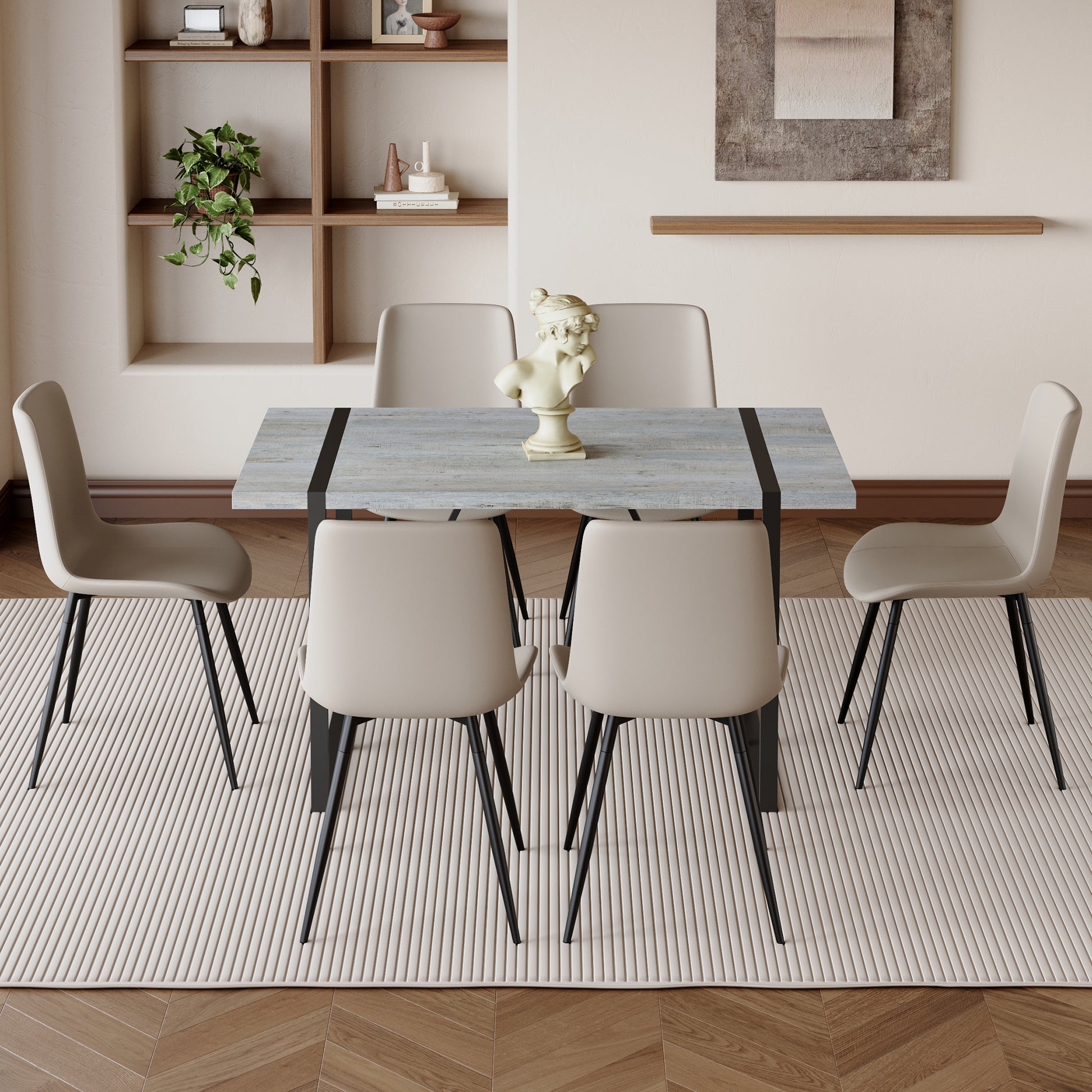 Light grey wood dining table with modern black metal legs