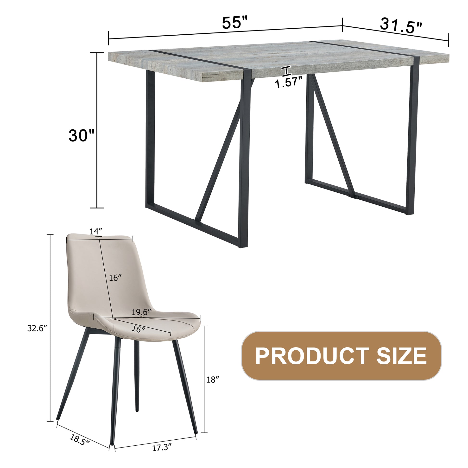 Modern dining table with weathered gray wood top and black metal legs  L x  W x  H
