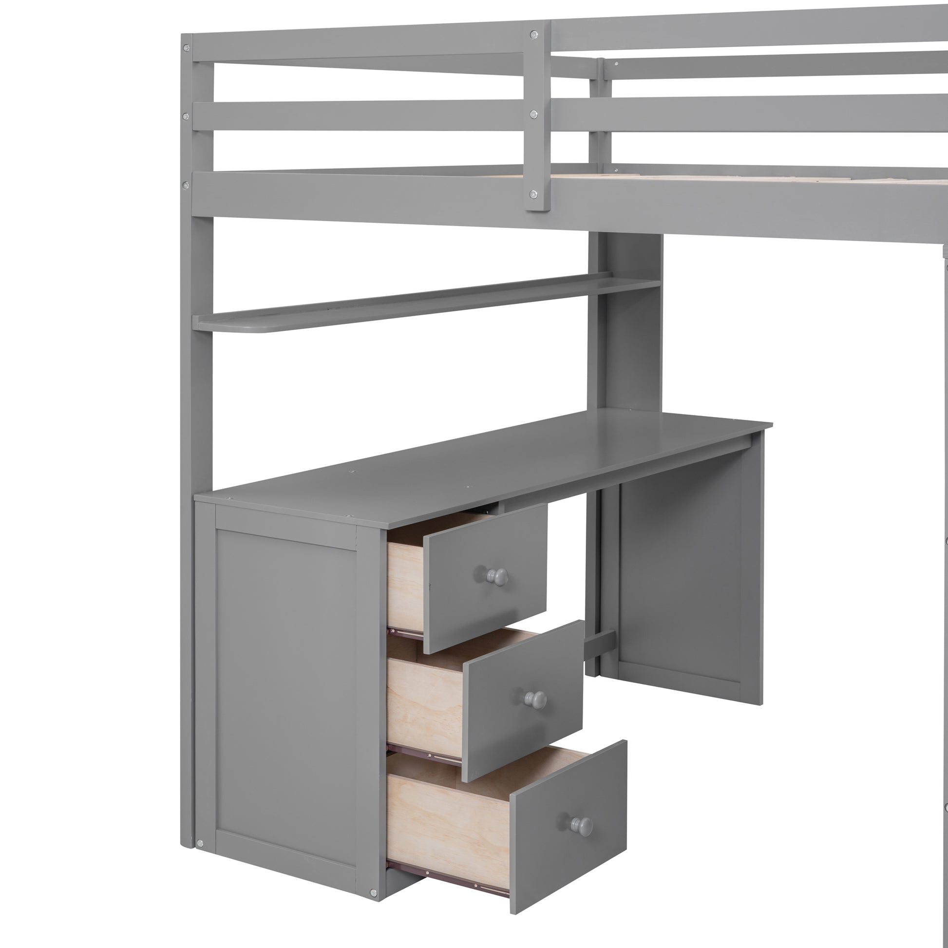 Grey wooden loft bed with integrated desk and three drawers