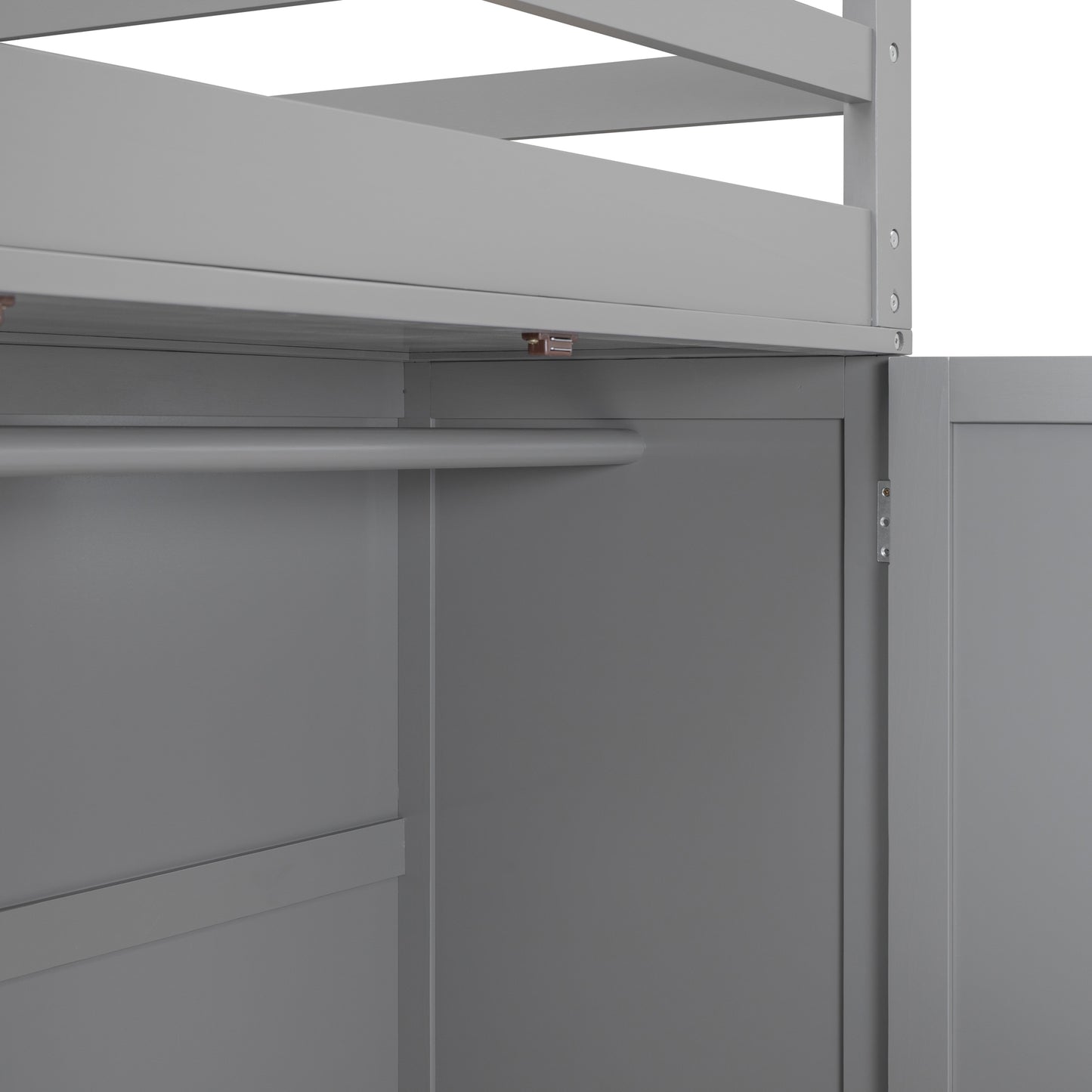 Gray bunk bed with wooden closet rod
