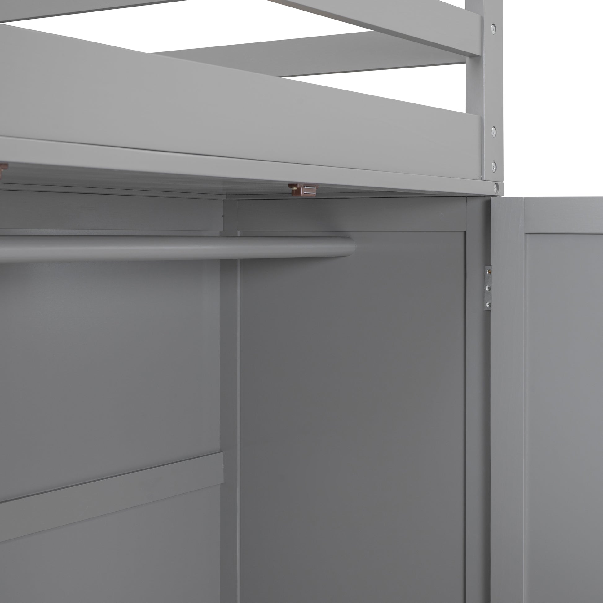 Gray bunk bed with wooden closet rod