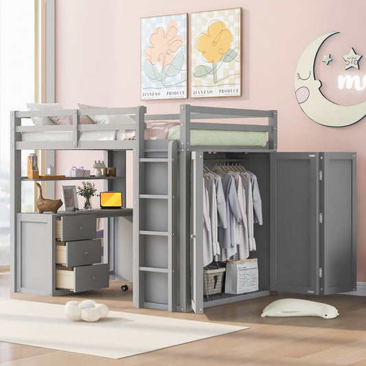 Gray loft bed with desk and closet