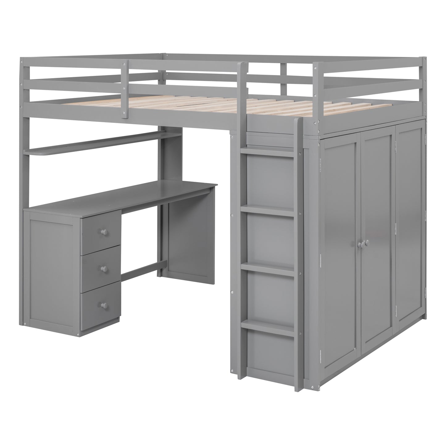 Gray loft bed with integrated desk and wardrobe