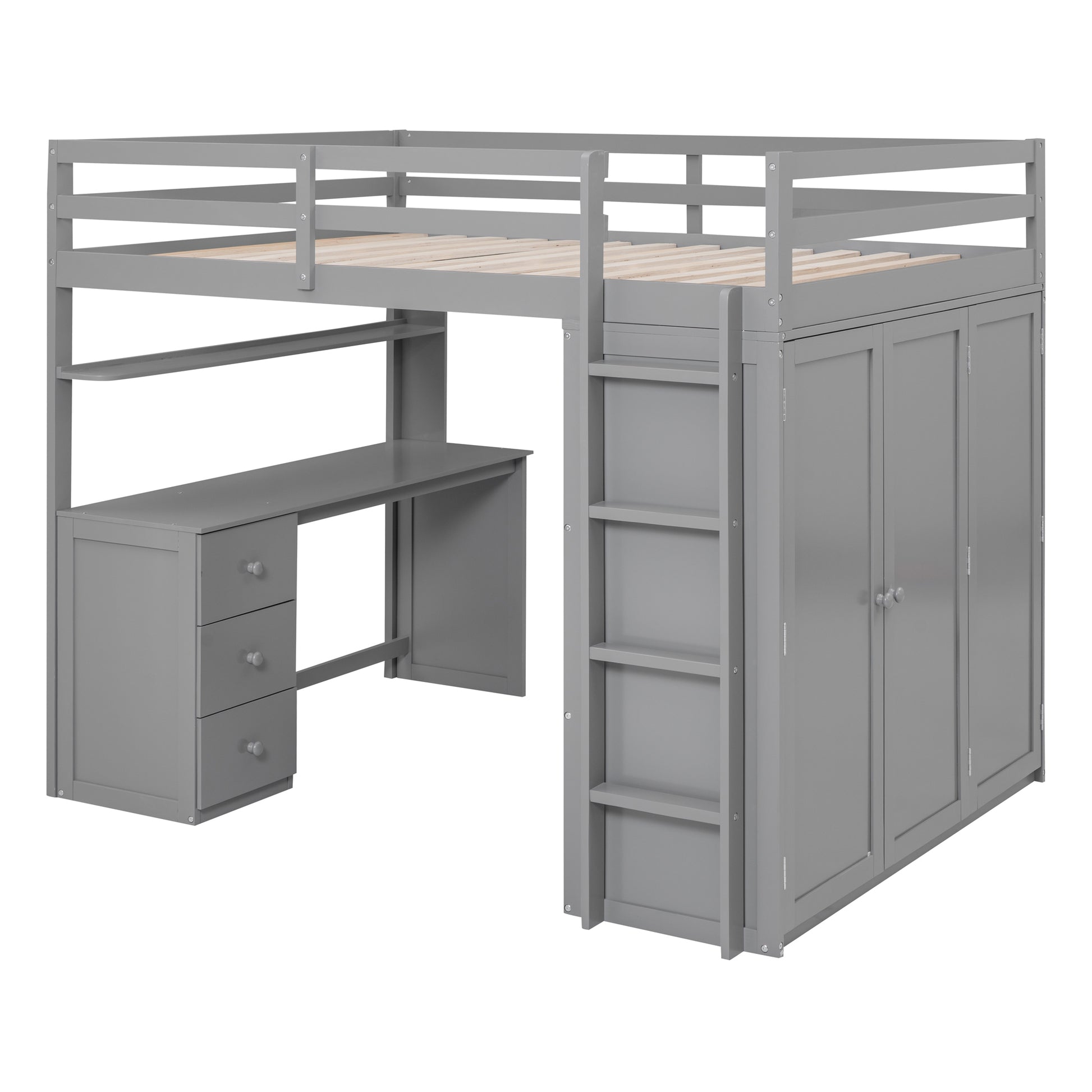 Gray loft bed with integrated desk and wardrobe