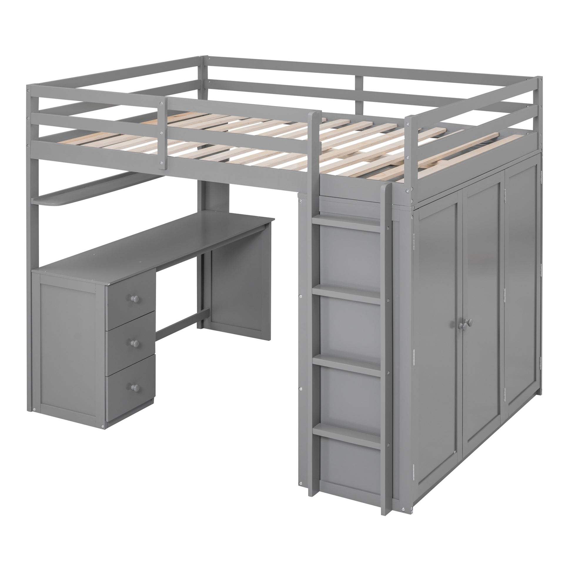 Gray loft bed with desk and storage cabinets