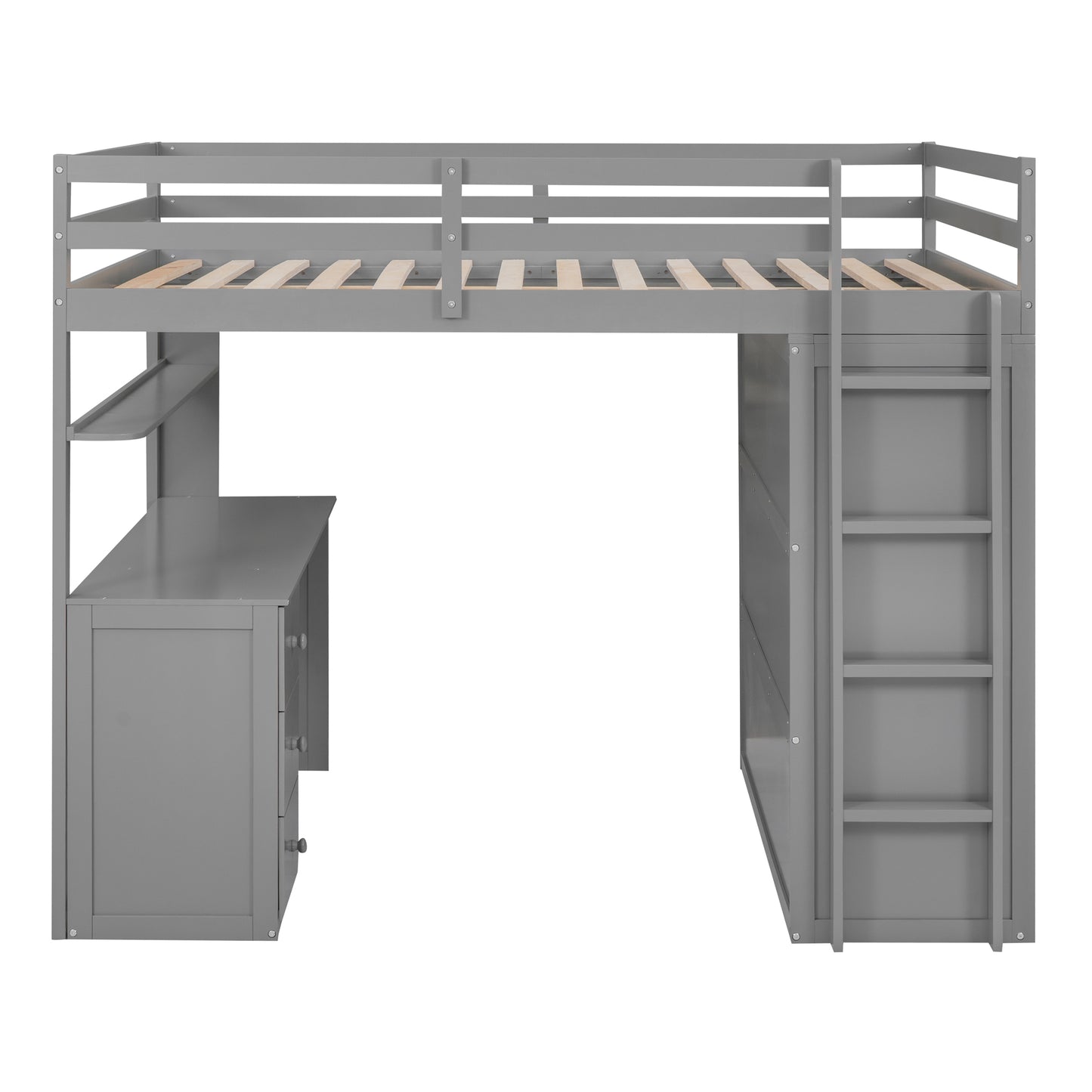 Grey wooden loft bed with integrated desk and ladder