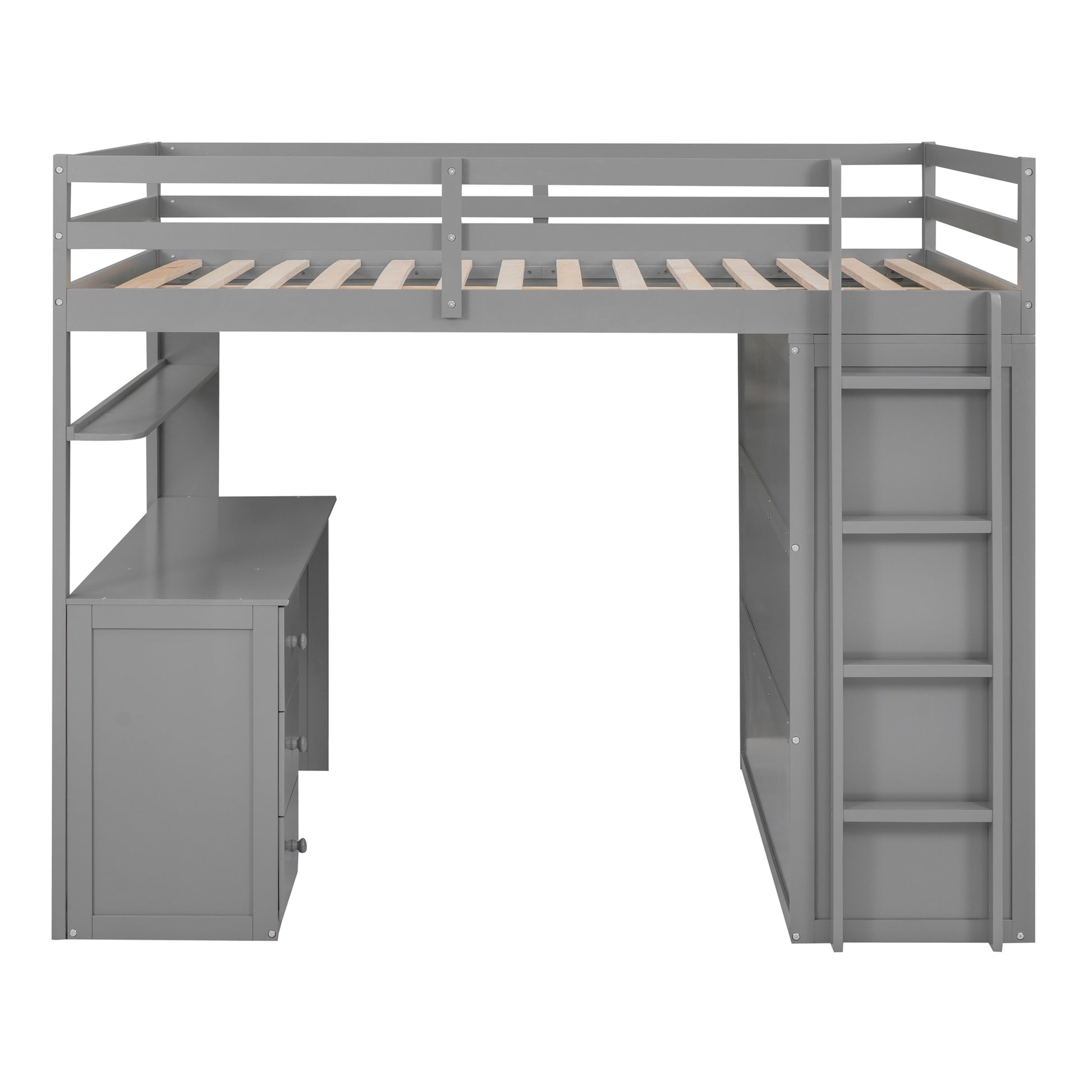 Grey wooden loft bed with integrated desk and ladder