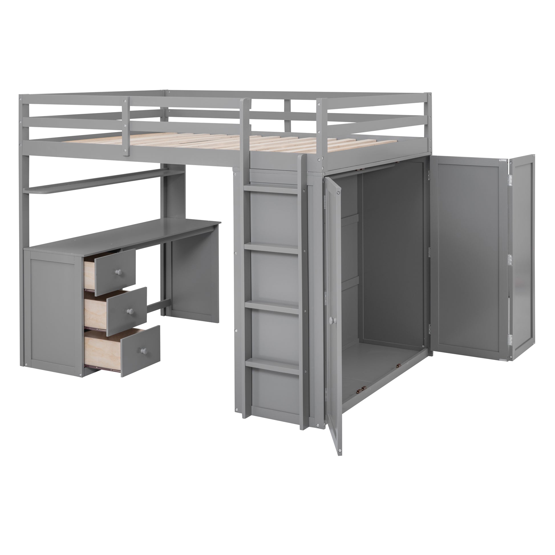 Gray loft bed with desk and storage