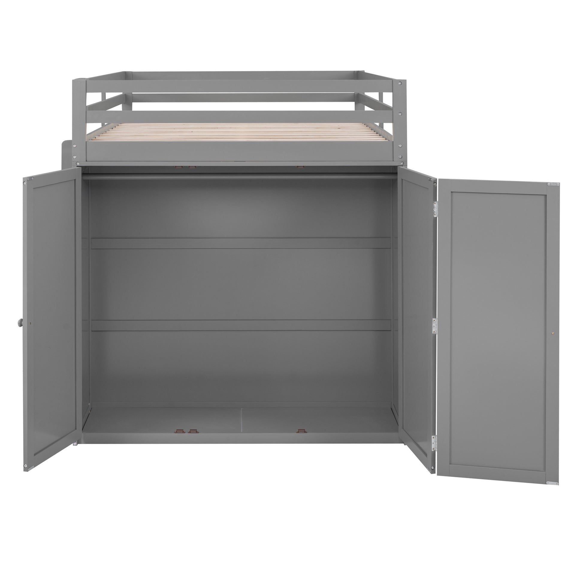 Gray loft bed frame with open storage cabinets below