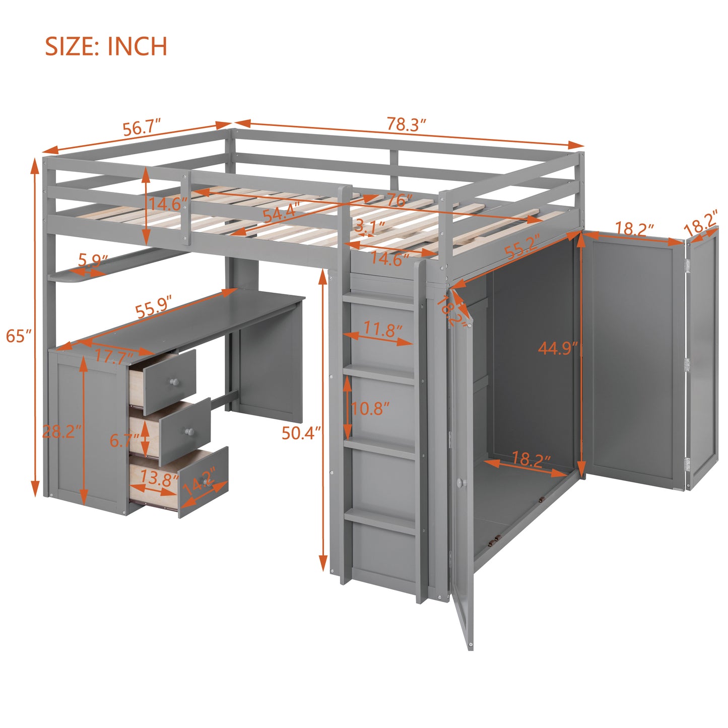 Gray loft bed with integrated desk and twodoor cabinet