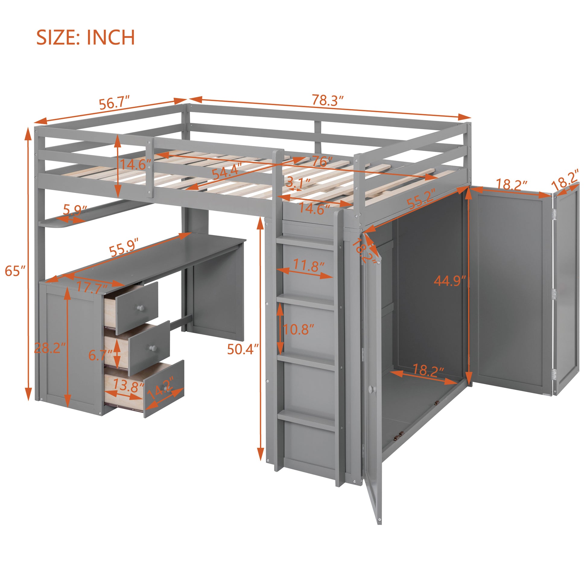 Gray loft bed with integrated desk and twodoor cabinet
