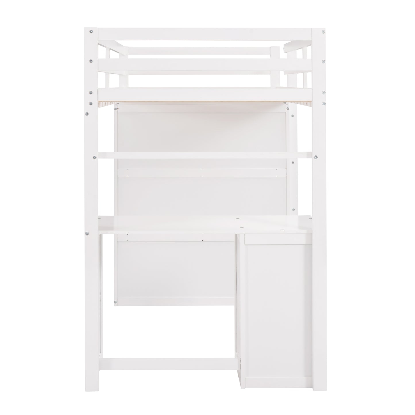White loft bed with integrated desk and shelves