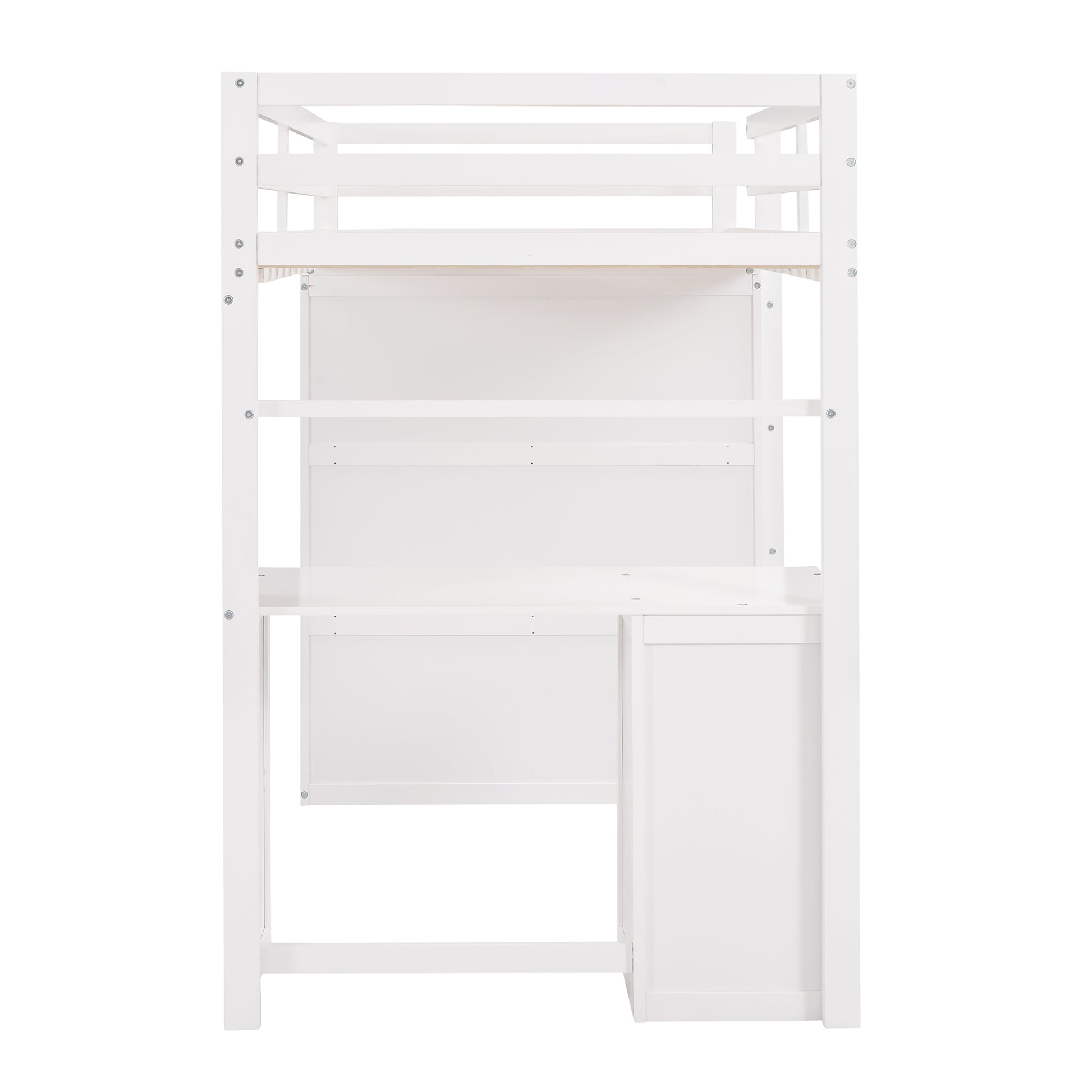 White loft bed with integrated desk and shelves