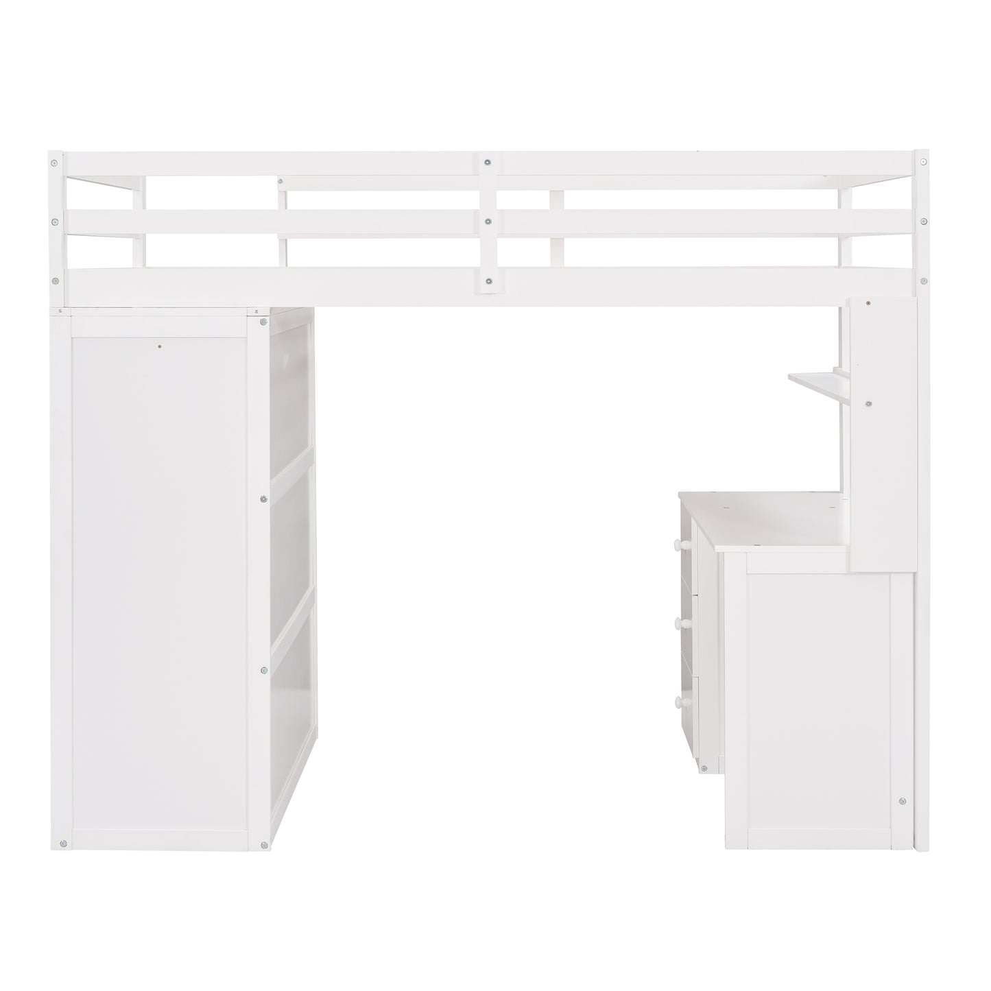 White loft bed with integrated desk and shelves