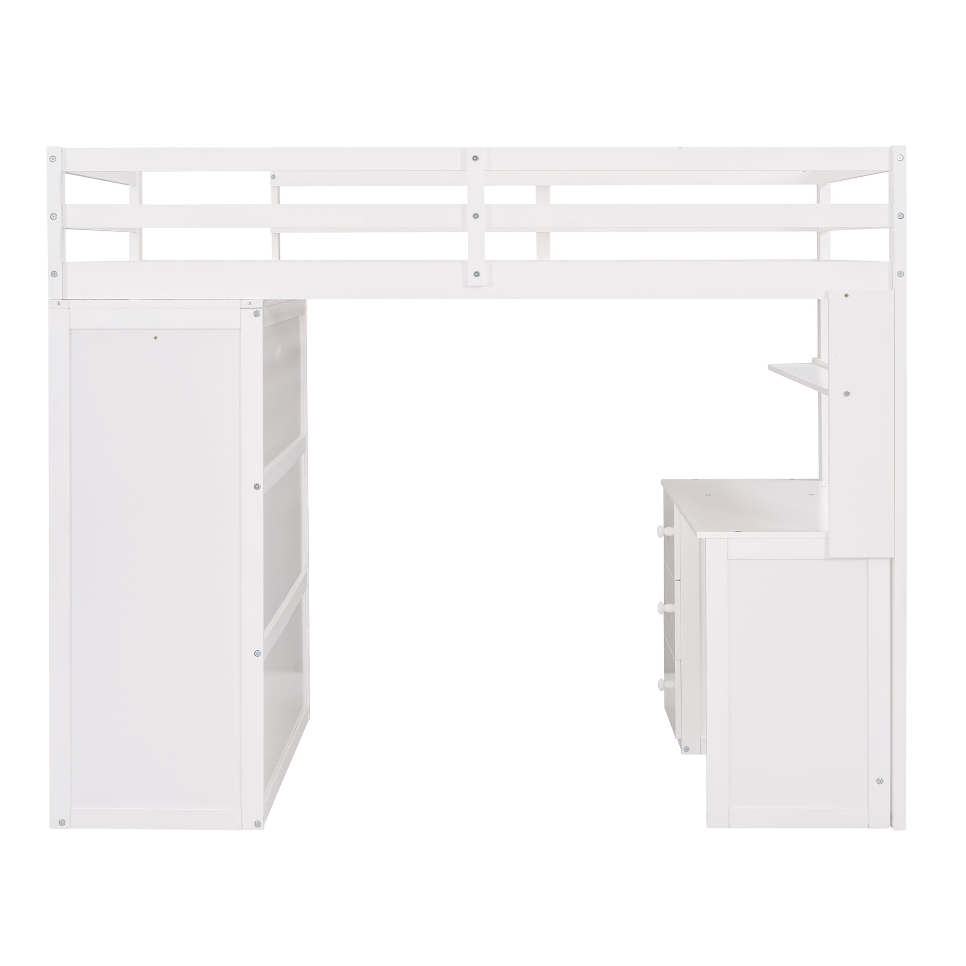 White loft bed with integrated desk and shelves