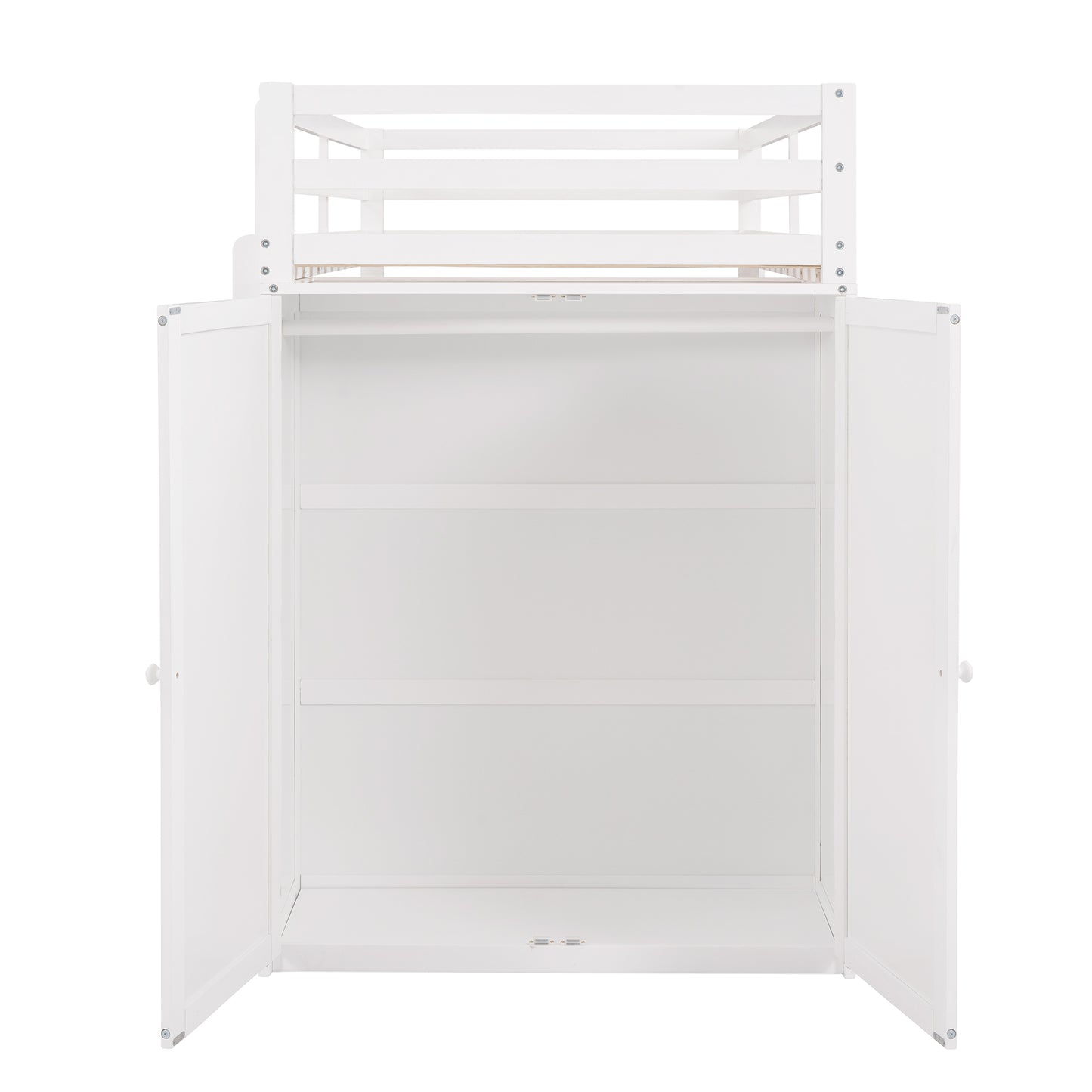 White wooden loft bed with open wardrobe doors and shelves